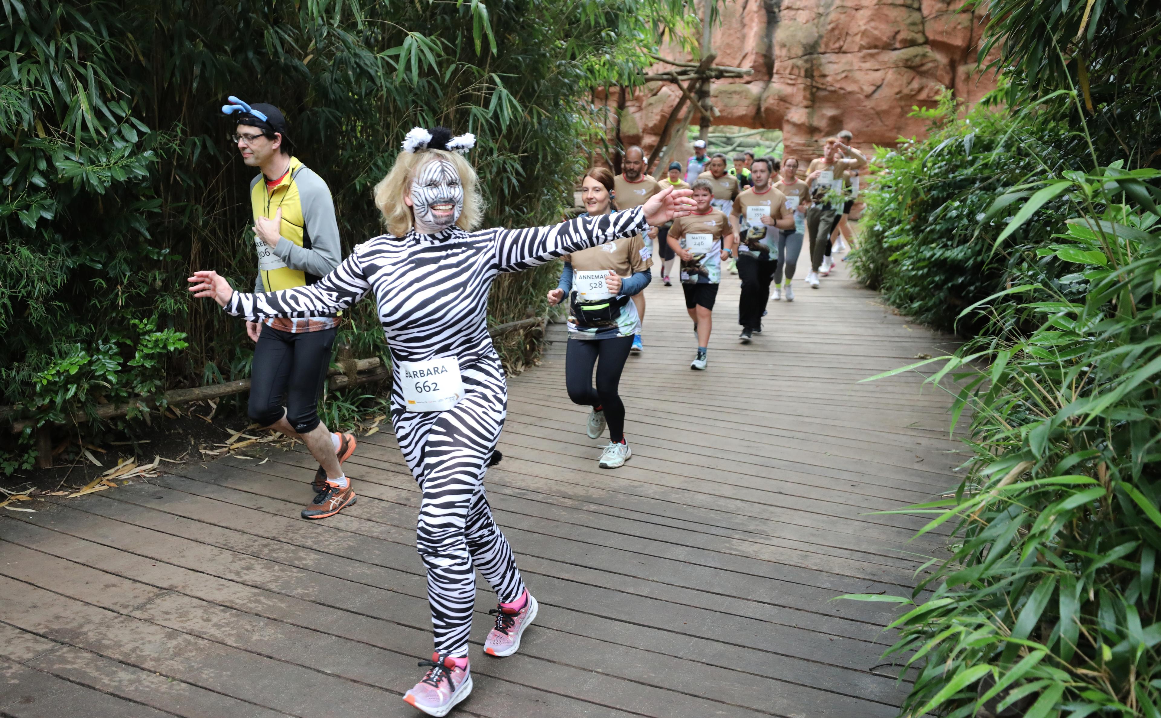 Eine Läuferin als Zebra verkleidet